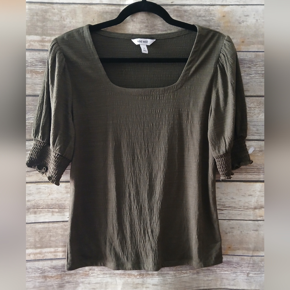 Nine West Green Blouse with Textured Sleeves